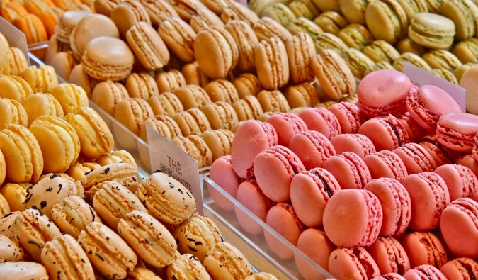 A display case full of colorful macaroons in Paris, France