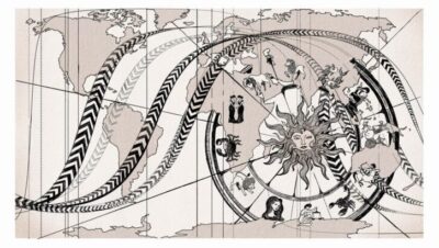 Ilustración de un mapa de astrocartografía con signos zodiacales y líneas planetarias.