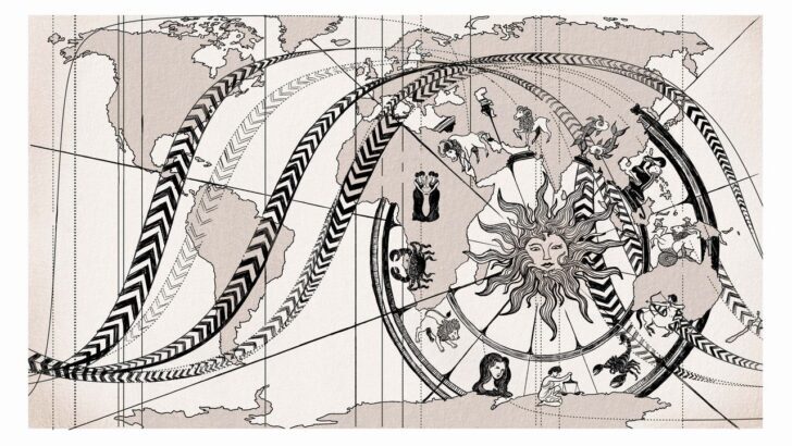 Ilustración de un mapa de astrocartografía con signos zodiacales y líneas planetarias.