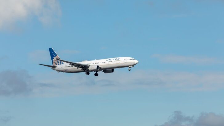 Avión de United Airlines en vuelo con cielo despejado