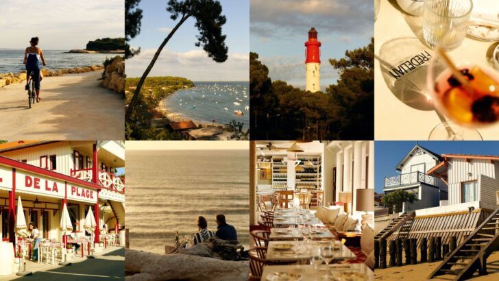 Collage de Cap Ferret con playas, faro, restaurantes y naturaleza.