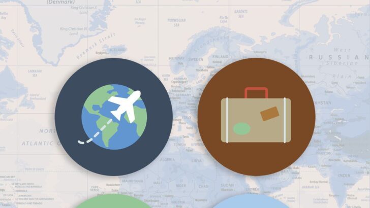 Íconos de un avión y una maleta sobre un mapa mundial
