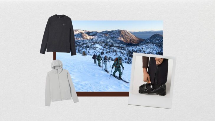 Esquiadores subiendo montaña nevada con ropa de Vuori