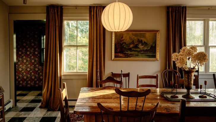 Comedor acogedor con mesa de madera y lámpara colgante en casa rural
