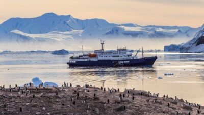 Crucero navegando en aguas antárticas con pingüinos en primer plano
