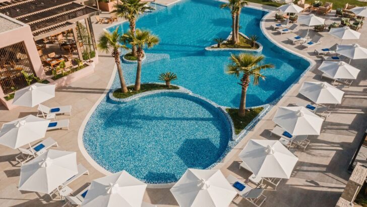 Vista aérea de una piscina de hotel rodeada de palmeras y sombrillas blancas