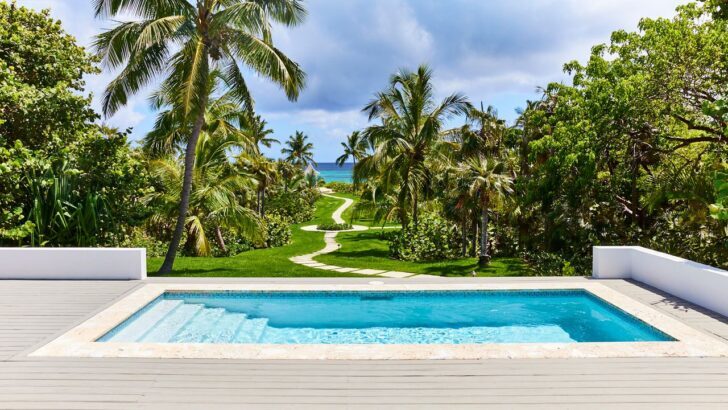 Piscina con vista a un jardín tropical y el mar Caribe al fondo
