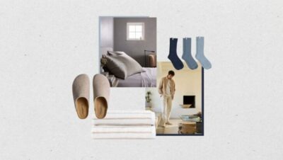 Collage de productos Cozy Earth incluyendo sábanas, calcetines y ropa de descanso