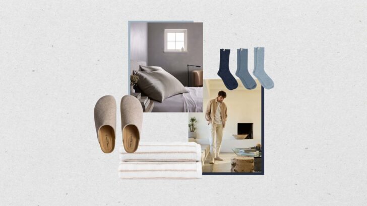 Collage de productos Cozy Earth incluyendo sábanas, calcetines y ropa de descanso