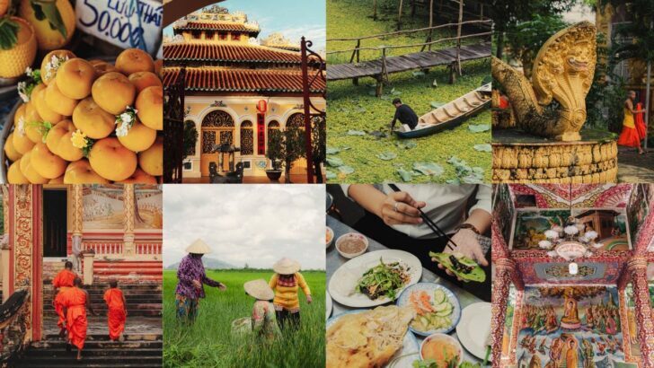 Collage de escenas vietnamitas con frutas, templos y paisajes naturales