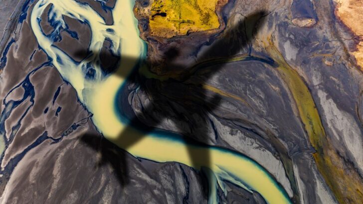 Sombra de un avión sobre un paisaje colorido con ríos y tierra