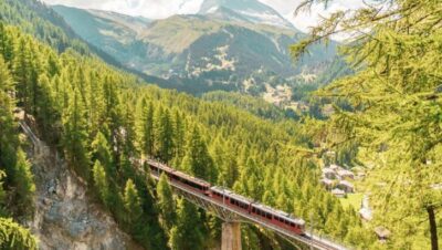 Tren rojo cruzando un puente en un paisaje montañoso y boscoso