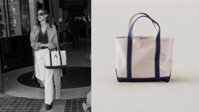 Mujer con bolso L.L.Bean Boat and Tote y bolso de lona en fondo claro