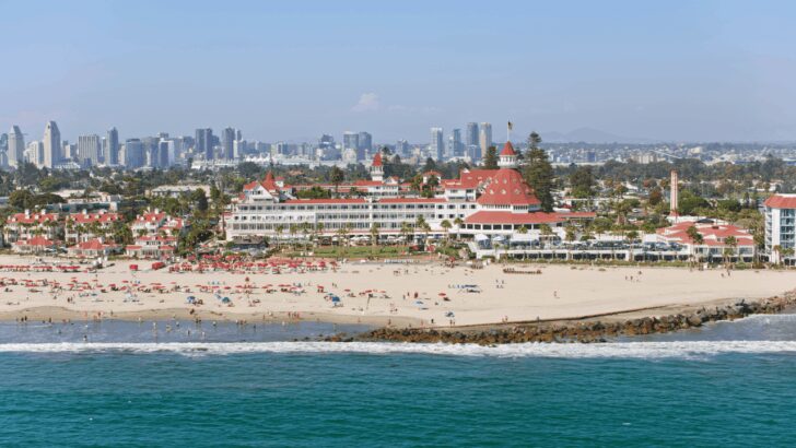 Vista aérea de Coronado Beach con el icónico Hotel del Coronado y la ciudad al fondo