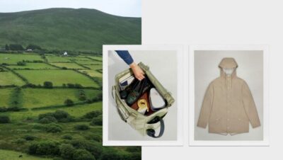 Paisaje irlandés con equipaje y chaqueta impermeable