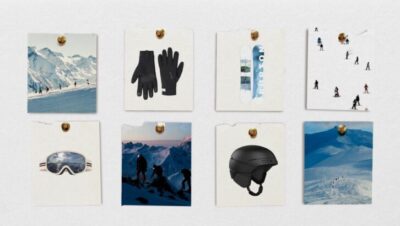 Collage de imágenes de equipo de esquí y snowboard en la montaña