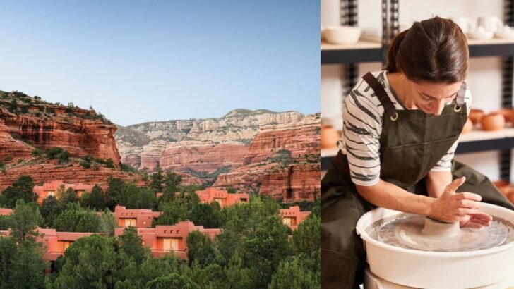 Vista de un resort en Sedona y una mujer haciendo cerámica
