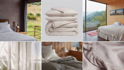 Collage de camas con sábanas blancas y vistas panorámicas