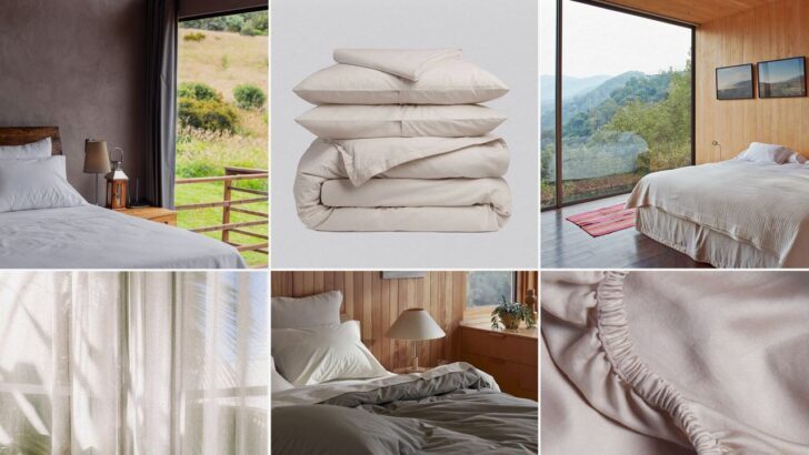 Collage de camas con sábanas blancas y vistas panorámicas
