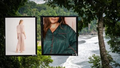 Dos pijamas de mujer, uno rosa claro y otro verde oscuro con fondo de playa